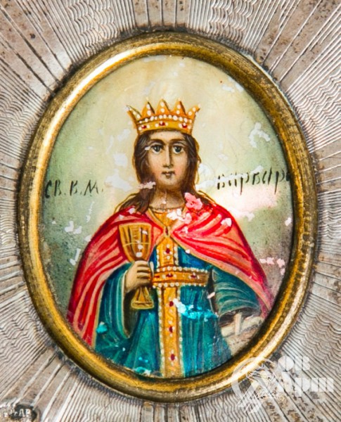 Икона "Святая Варвара" на перламутре в окладе