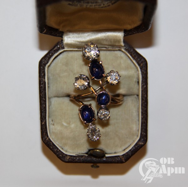 Кольцо "Веточка" с бриллиантами и сапфирами
