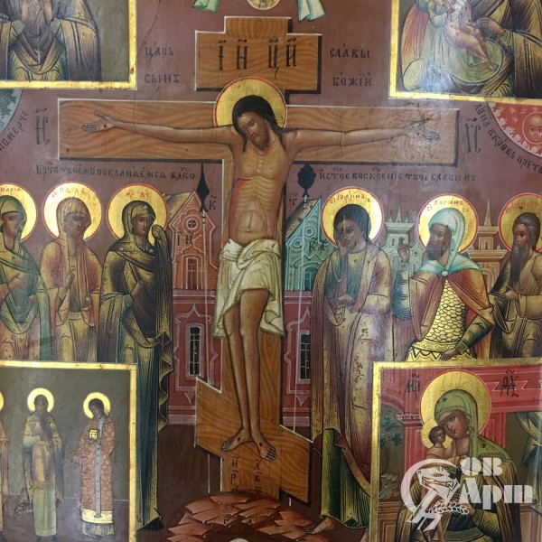 Икона  "Распятие Христово с предстоящими" и сюжетами икон Пресвятой Богородицы
