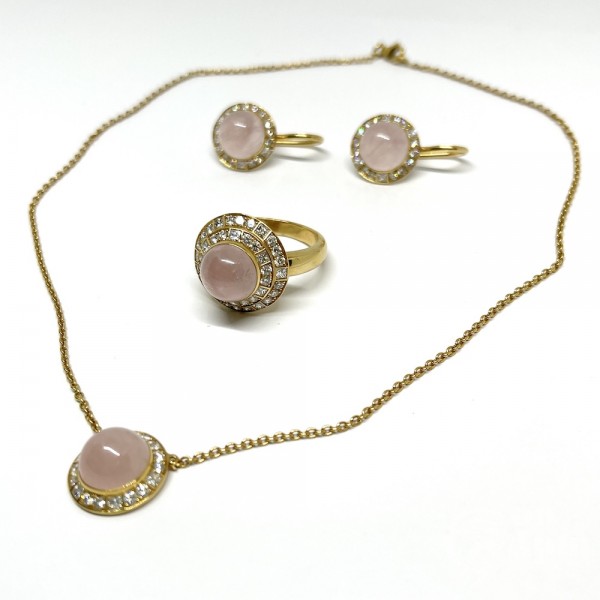 Комплект серьги, кольцо и сотуар с бриллиантами и розовым кварцем